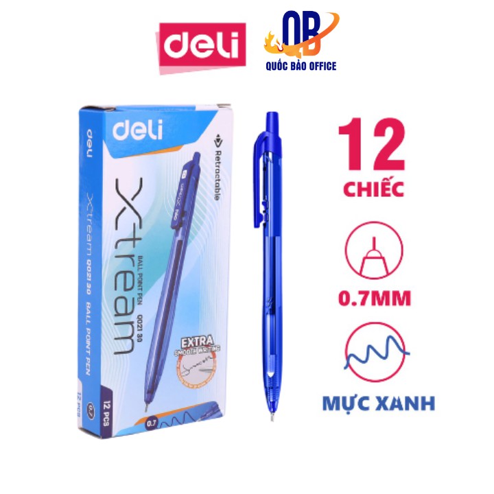 Bút bi dầu Deli - 0.5mm đầu bấm - mực Xanh/ Đen -12 chiếc/hộp - EQ02020/ EQ02030