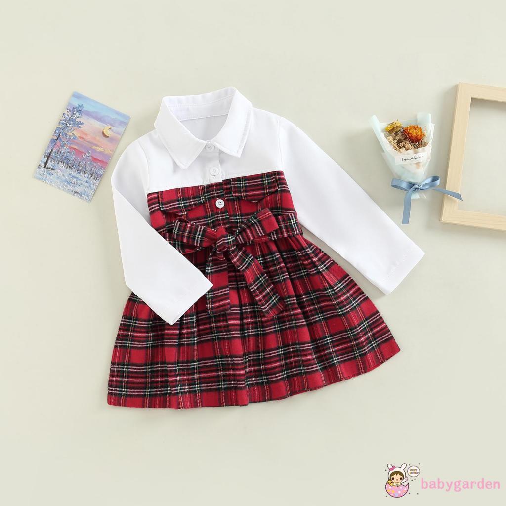 Đầm Chữ A Tay Dài Cổ Bẻ In Họa Tiết Caro Phối Thắt Lưng Thời Trang Mùa Xuân Cho Bé Gái 6 Tháng-5 Tuổi