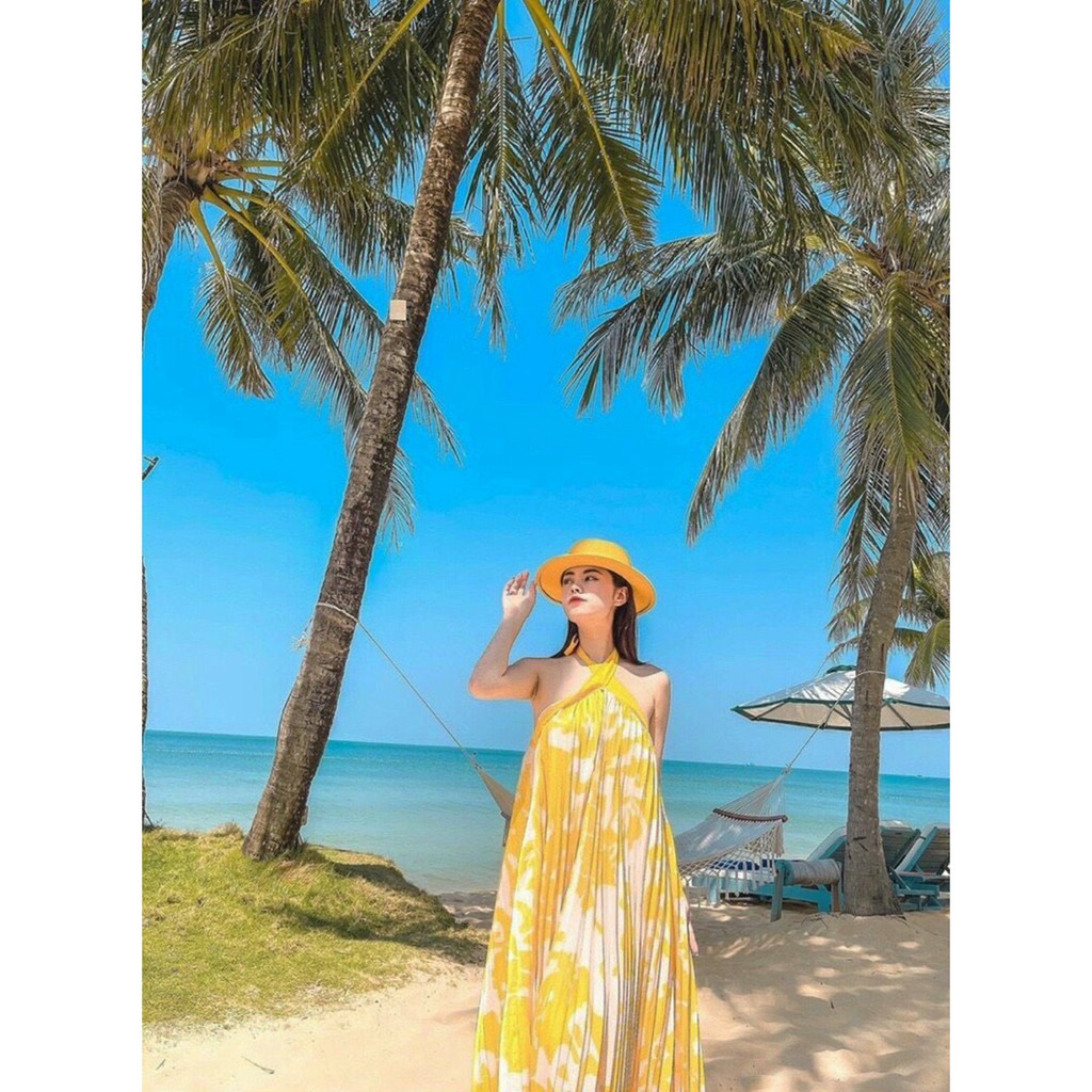 Đầm maxi họa tiết cổ yếm dập ly hở lưng phong cách thời trang XUKA-DRESS MT016 chất Voon tơ đẹp sang | BigBuy360 - bigbuy360.vn