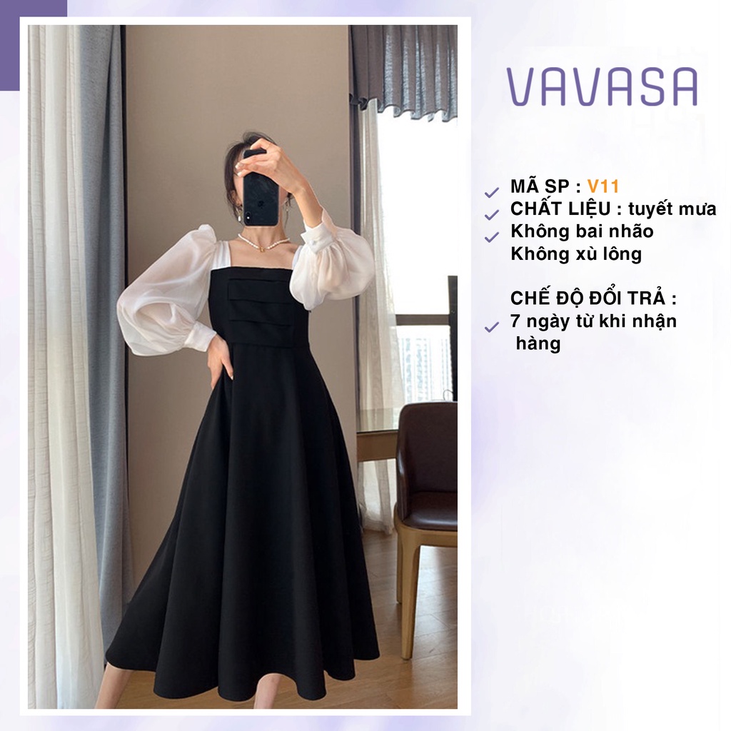 Váy cổ vuông dài tay dáng dài VAVASA V11