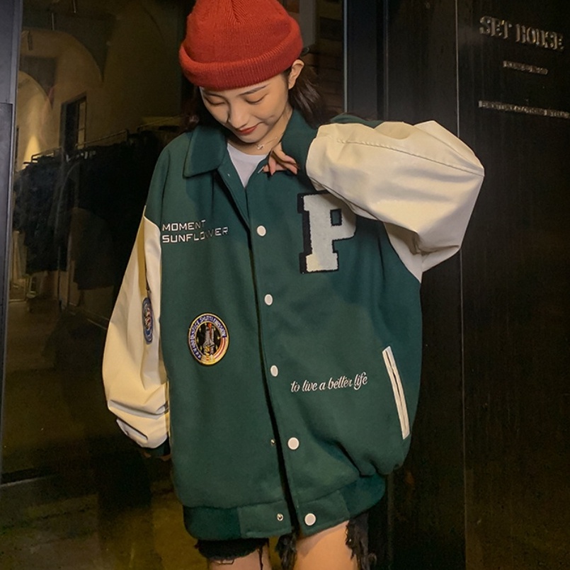 Áo khoác bomber Jacket vải nỉ phối tay da, áo bomber bóng chày nam nữ unisex form rộng Đồng phục bóng chày nam thanh niên thời trang unisex thêu tay