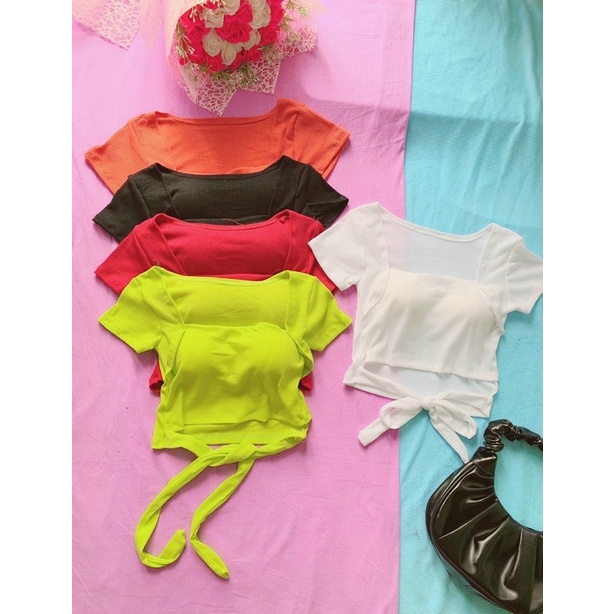 Áo croptop nữ kiểu cột dây eo (có mút lót ngực) chất vải thun gân len 4 chiều