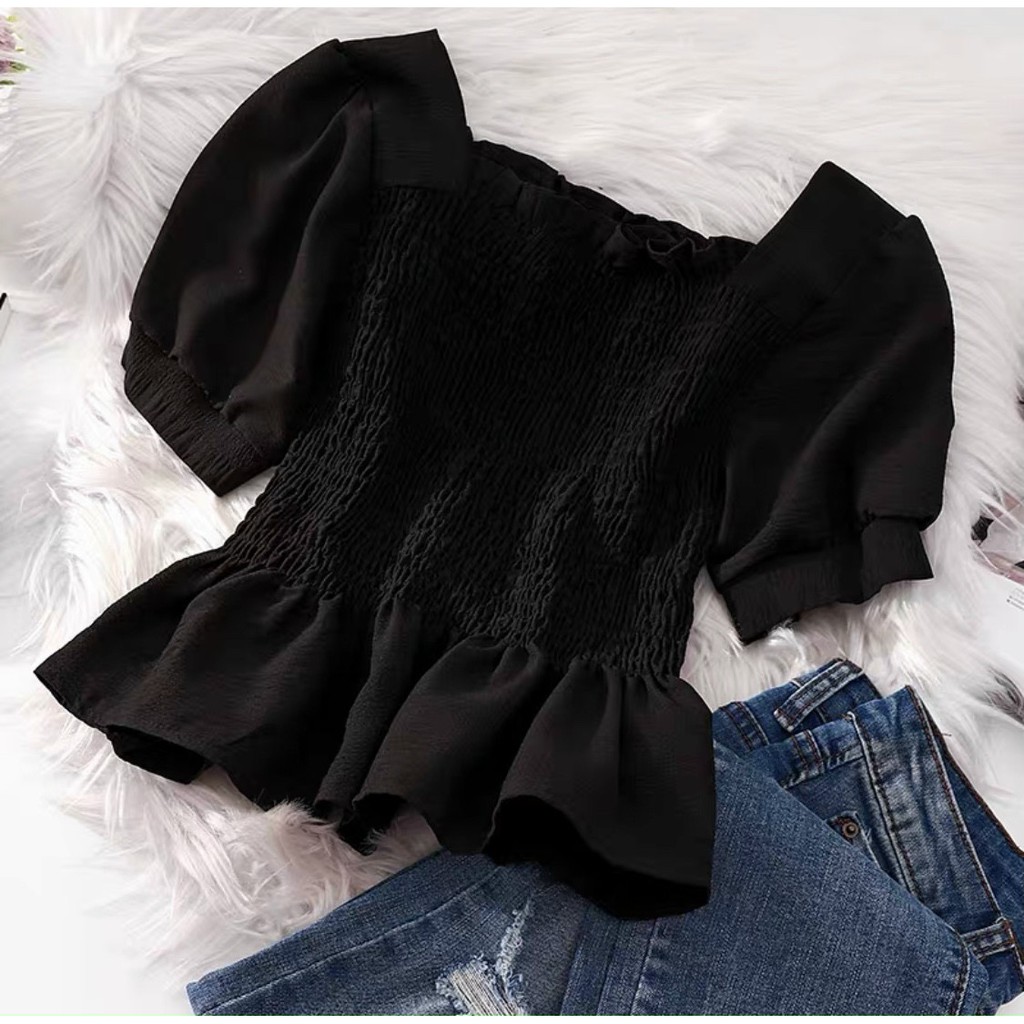 Áo nhún cổ vuông tay ngắn chất vải đũi xịn, phong cách dễ thương ôm dáng tôn dáng cực xinh | BigBuy360 - bigbuy360.vn