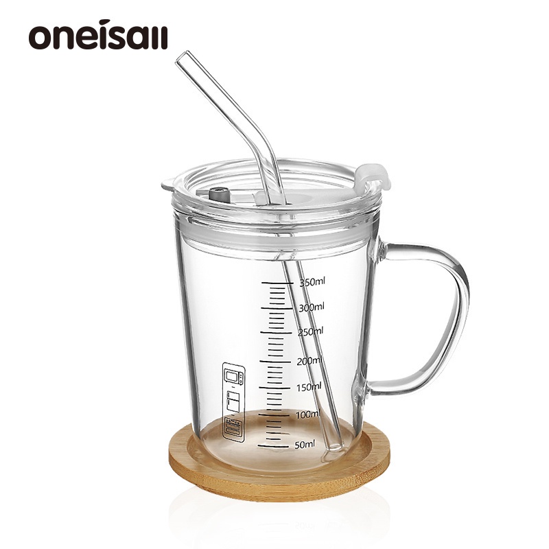 Cốc thuỷ tinh ONEISALL 350ml có tay cầm chia vạch kèm nắp và ống hút thích hợp sử dụng tại nhà/ văn phòng/đi du lịch