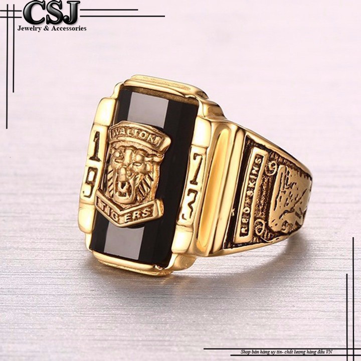 NHẪN NAM INOX MẠ VÀNG SƯ TỬ 1973 ĐÁ ĐEN siêu đẹp - tặng hộp đựng xinh xắn
