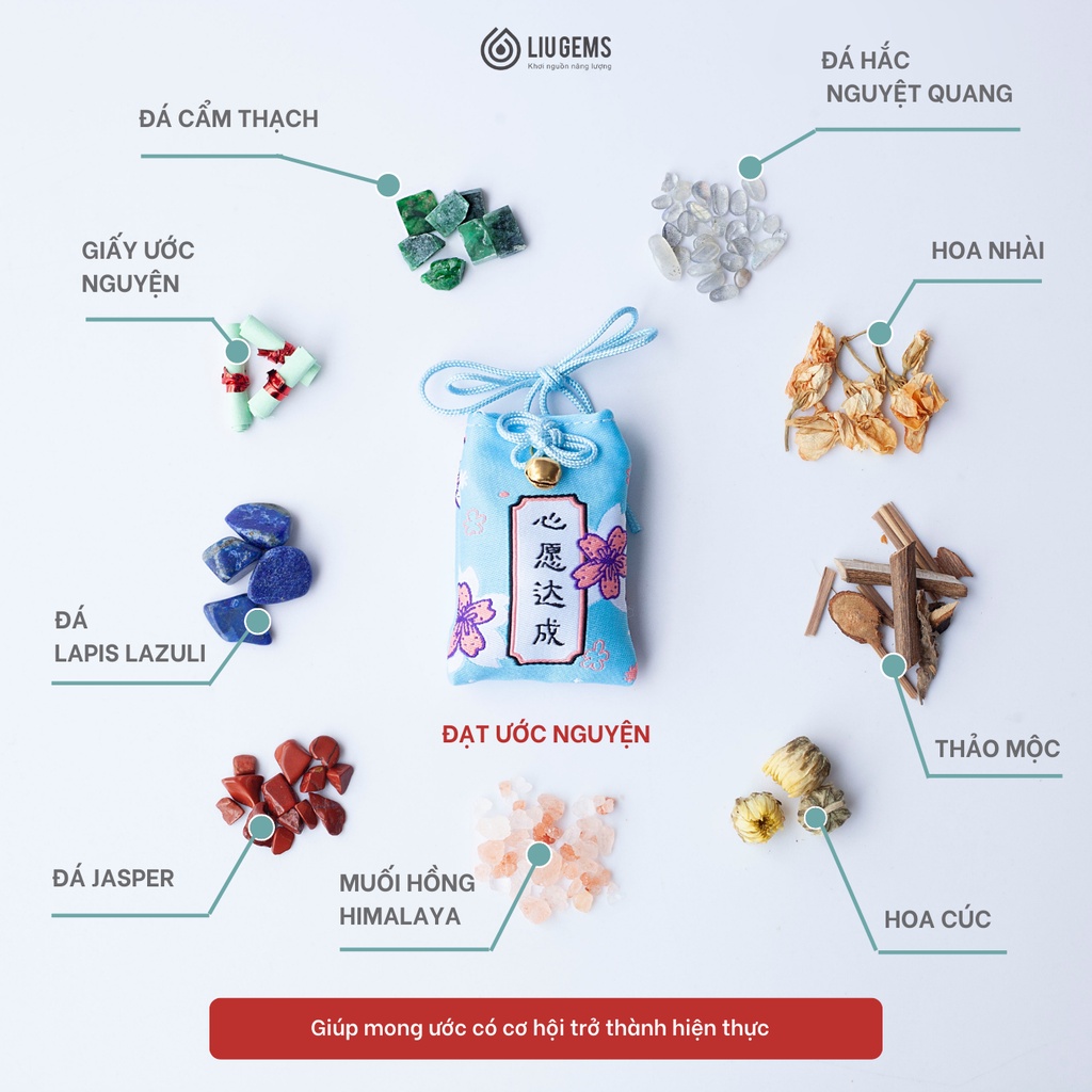 Túi Phước Omamori May Mắn Liugems Đeo Bên Người, Mix Đá, Thảo Mộc, Muối Hồng Himalaya Mang Tài Lộc, Tình Yêu