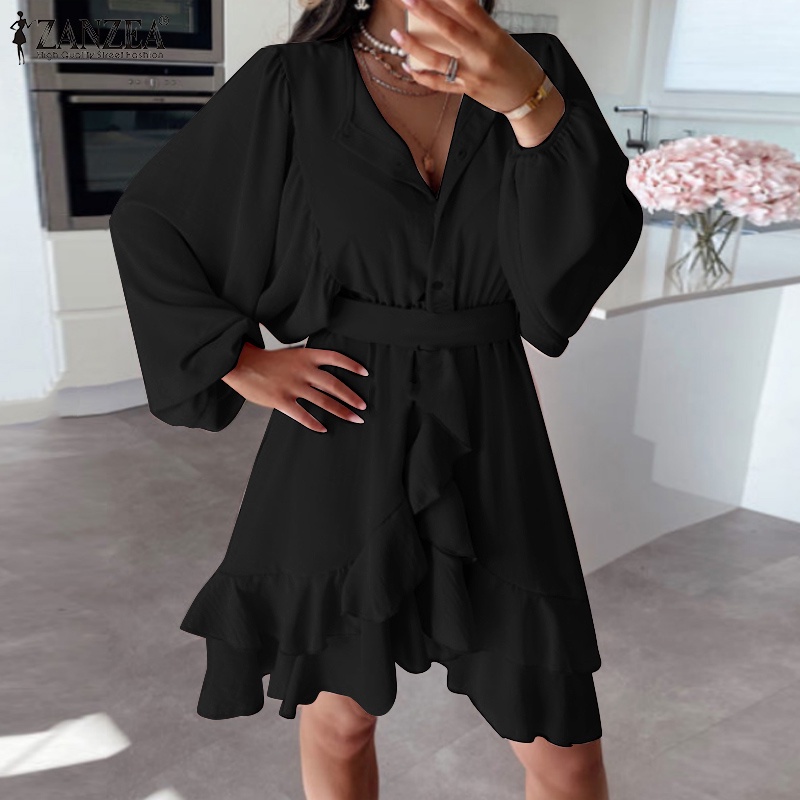 Đầm mini Zanzea cổ tròn tay phồng xếp ly thời trang cho nữ