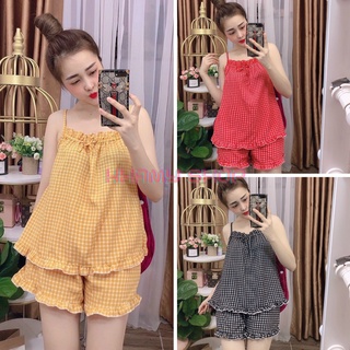 Đồ bộ mặc nhà, đồ bộ kiểu áo 2 dây sọc caro đủ màu sắc, chất satin cực đẹp giá rẻ, freesize