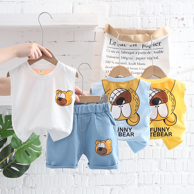 Set Áo Thun Không Tay + Quần Short Denim In Hình Gấu Hoạt Hình Thời Trang Mùa Hè Cho Bé Kích Thước 80-120cm