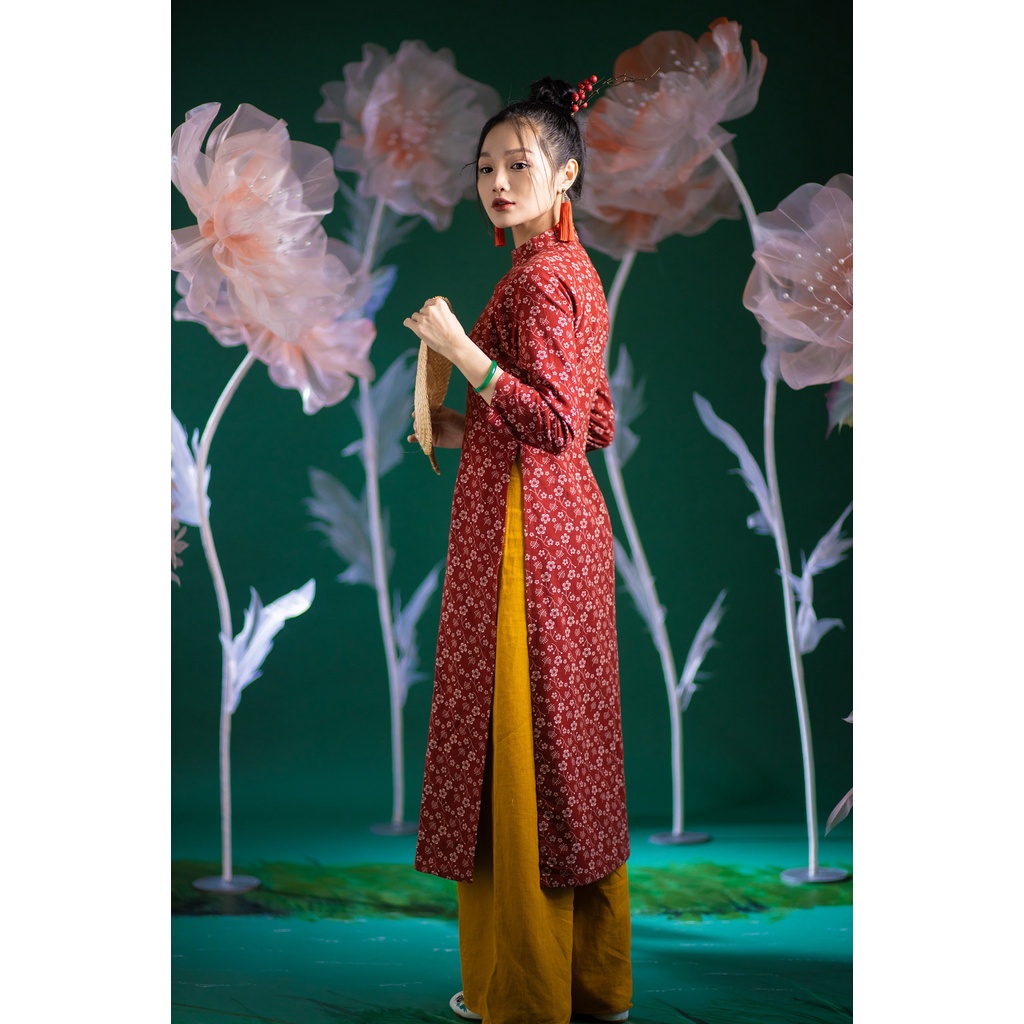Áo dài cà bông hoa nhí đỏ form truyền thống AD110 - B6
