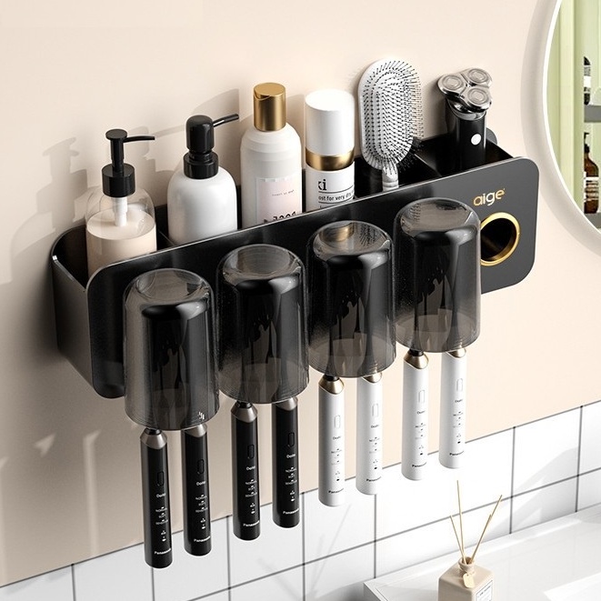 Bộ nhả kem đánh răng tự động, kệ đựng bàn chải cốc đánh răng 2 cốc, 3 cốc, 4 cốc màu đen huyền bí