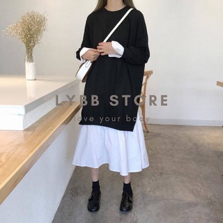 Đầm váy thun xuông dài T101 phong cách Hàn Quốc phối hai màu đen trắng, kiểu giả hai lớp, thời trang thu đông đẹp