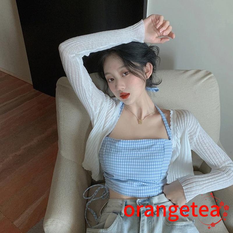 ORT-Female Camisole, Plaid Halter Neck Vest Crop Tops with Drawstring Summer Outfit for Adults