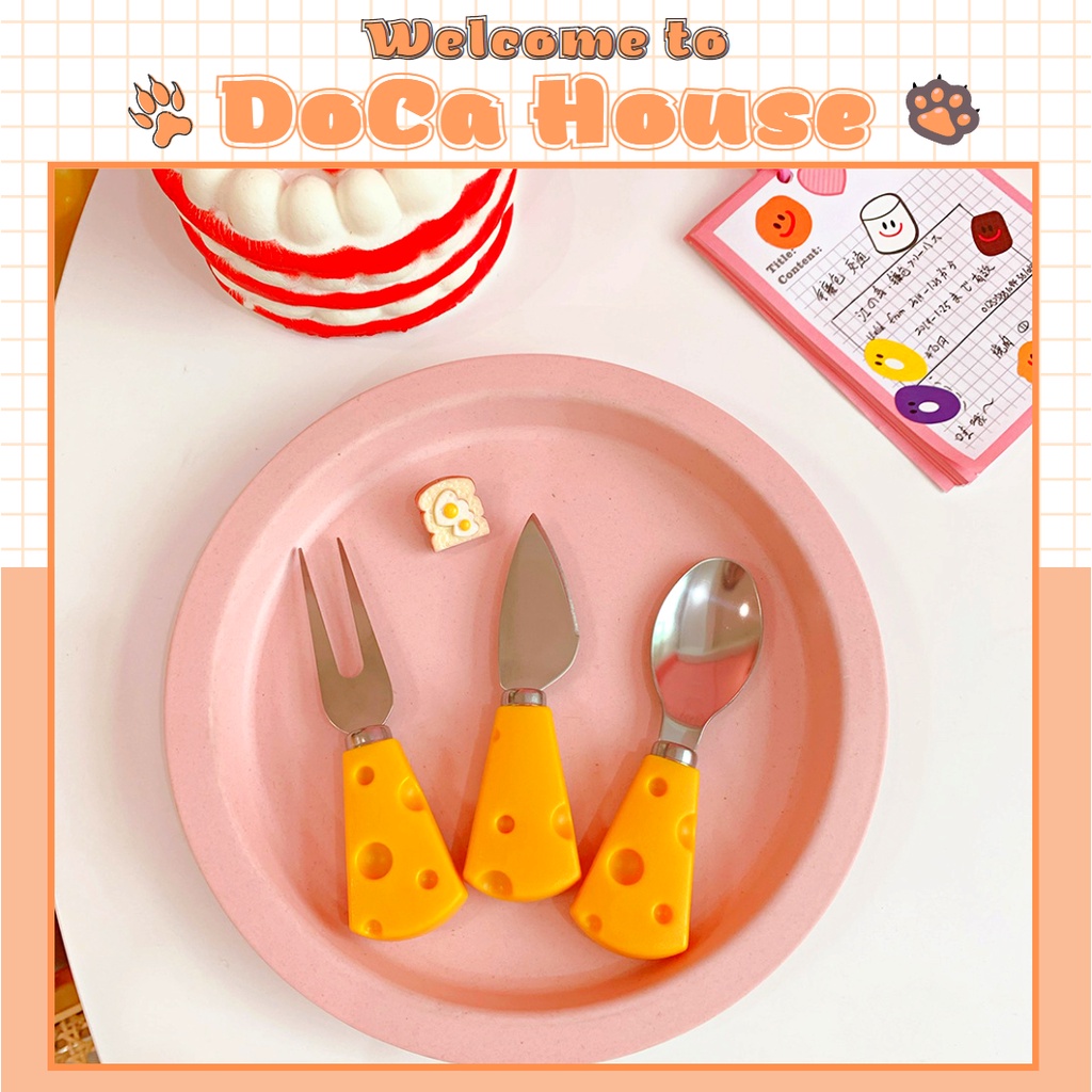 Bộ dao, thìa (muỗng), dĩa mini hình phomai siêu cute ăn hoa quả, bánh ngọt, phụ kiện chụp ảnh đồ ăn DC38