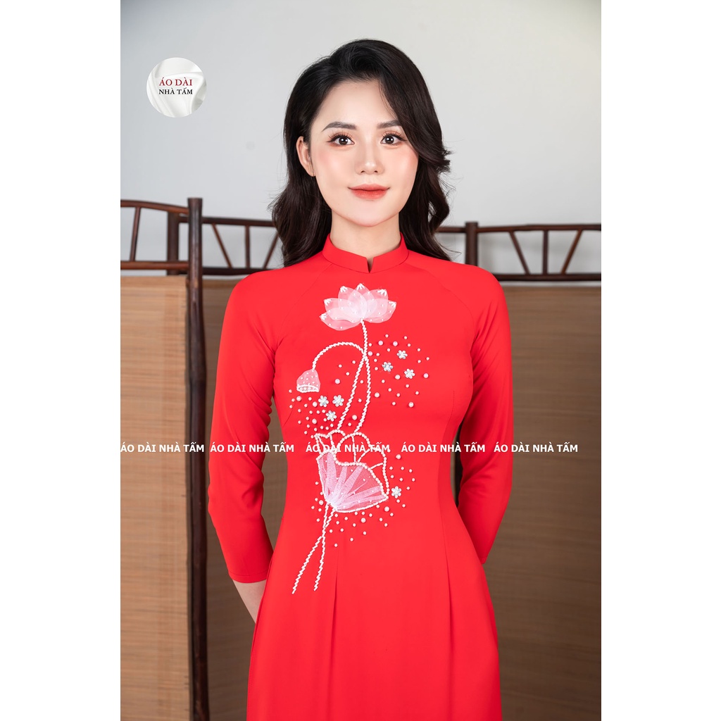 ÁO DÀI TRUYỀN THỐNG THÊU ĐÍNH HOA NỔI, LỤA CAO CẤP NHÀ TẤM - MÃ C2