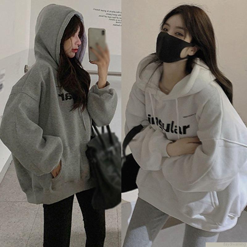 Áo hoodie tay dài dáng rộng có dây rút thời trang thu đông cho nữ