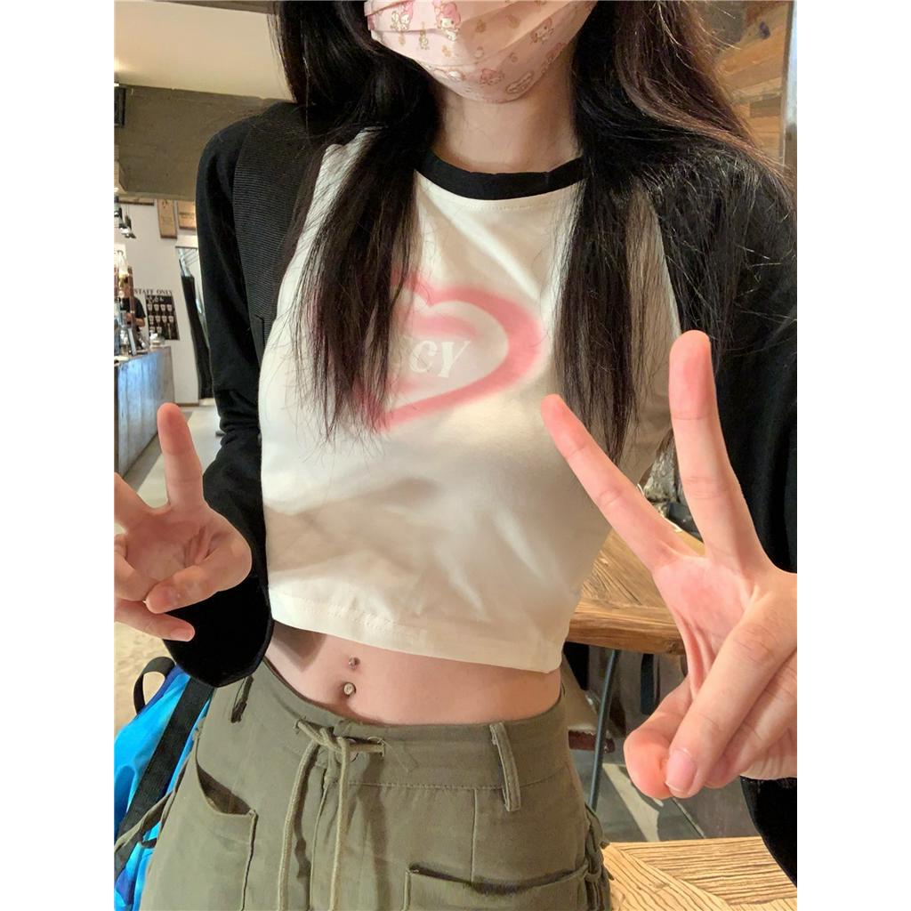 Áo Thun Dáng Ôm Ngắn Dài Tay In Hình Trái Tim 60772