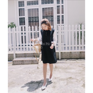 Đầm phối tay nơ trắng