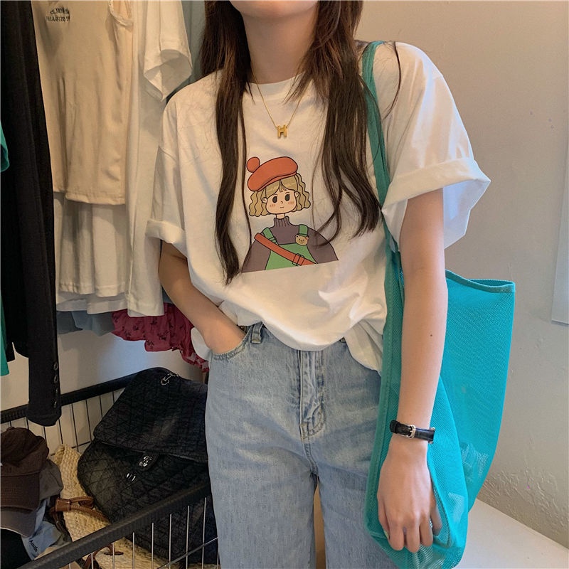 Áo Thun Ngắn Tay Dáng Rộng In Họa Tiết Xinh Xắn Theo Phong Cách Mùa Hè Dành Cho Nữ