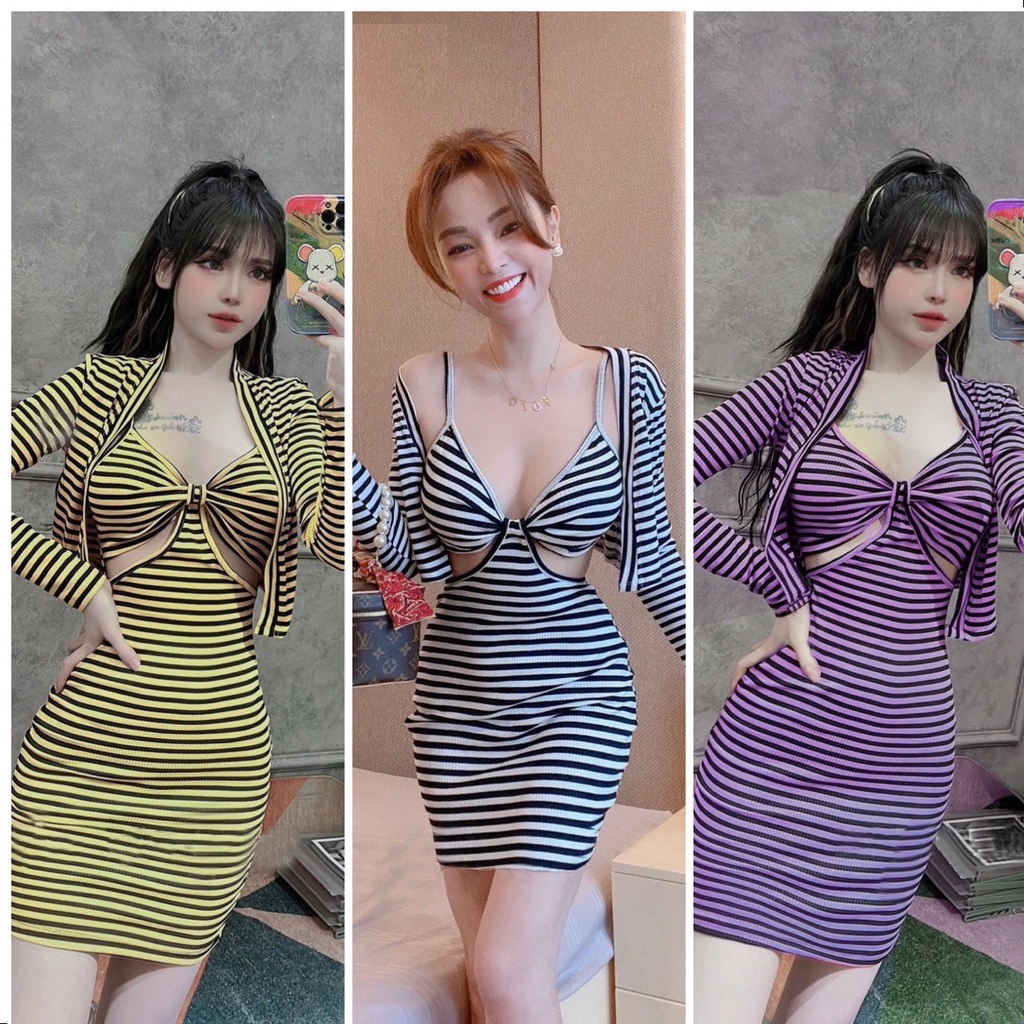 Set Đầm Body Kèm Áo Khoác Sọc Ngang