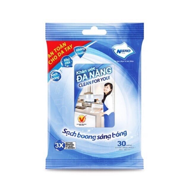 Khăn Ướt Đa Năng NANO Sạch Bóng, Khử Mùi, Kháng Khuẩn Gói 30m