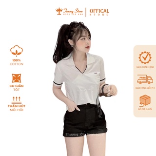 Áo phông polo nữ cổ V phối viền đen, Áo thun nữ cộc tay trắng chất cotton thoáng mát hàng loại 1