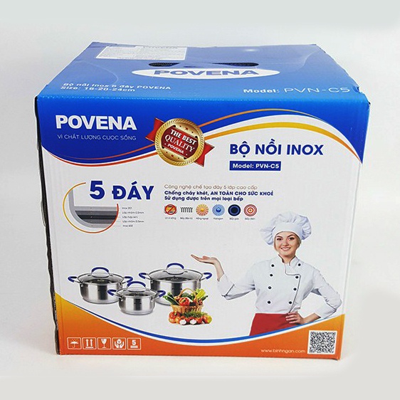 Bộ 3 nồi 5 đáy inox Povena PVN-C5 không bị nổi đáy, dùng được trên bếp ga, bếp hồng ngoại, bếp từ