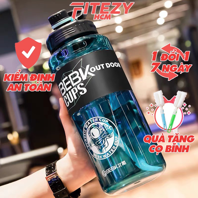 Bình đựng nước thể thao tập gym nhựa có ống hút và tay cầm 1700ml BEBK CUPS FITEZY HCM
