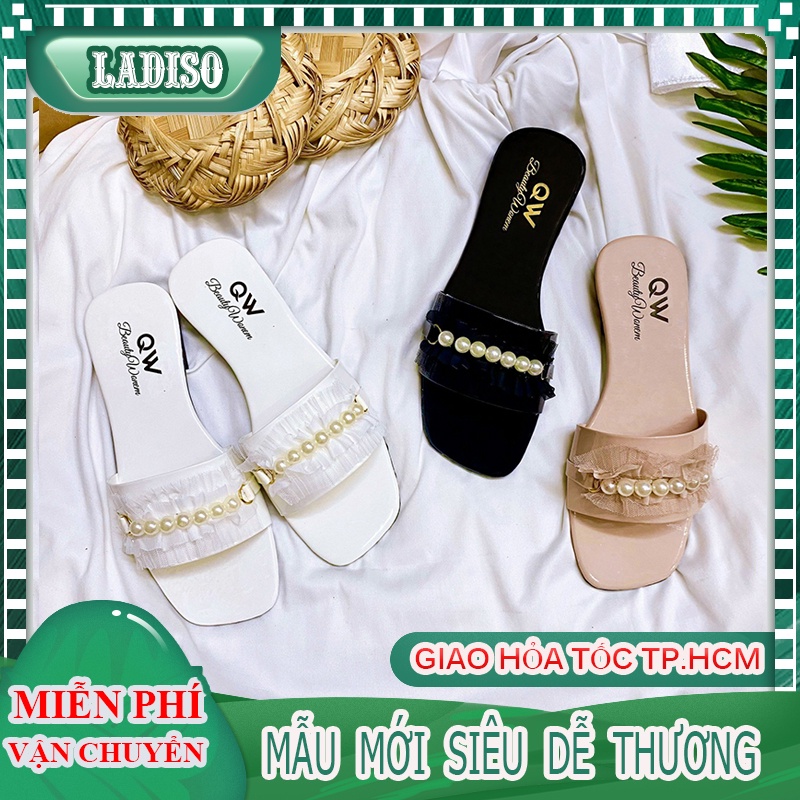 Dép quai ngang nữ LADISO phối ren nhún bèo kết ngọc mẫu mới cực xinh - TT348