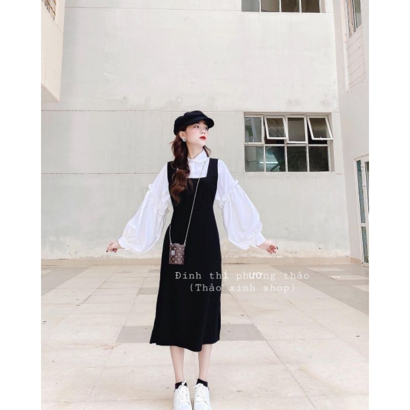Set yếm đen áo sơ mi cổ sen tay bồng bèo ullzang sẵn