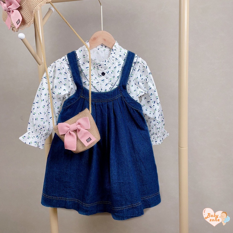 Bộ Áo Sơ Mi Tay Dài In Hoa + Váy Yếm Denim Dễ Thương Cho Bé Gái