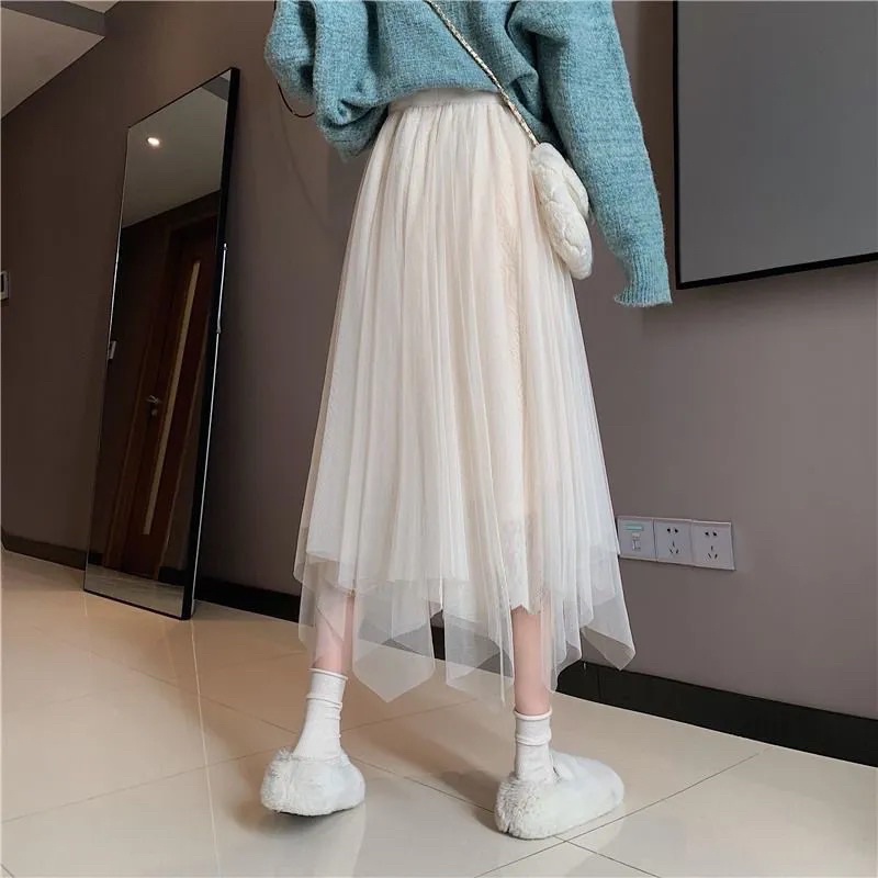 Chân váy voan màu trắng be nâu midi xoè dáng dài cạp chun công chúa tiểu thư nhẹ nhàng phong cách Hàn Quốc hai lớp