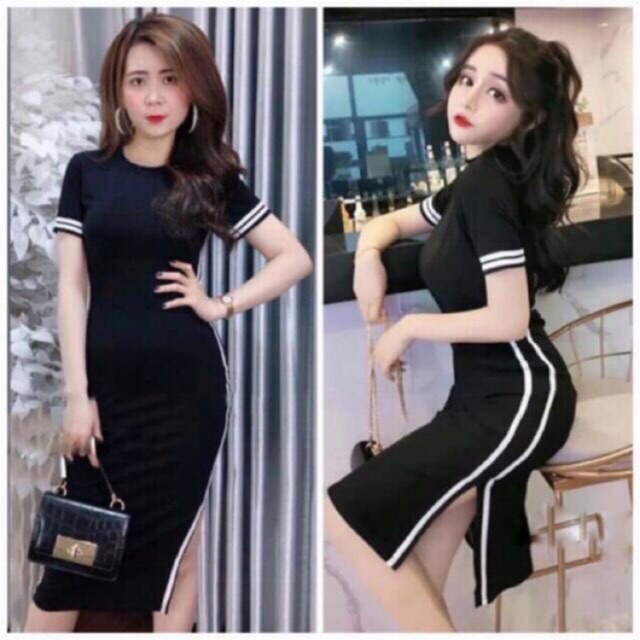 Váy body đầm body đầm ôm phối sọc trắng cá tính
