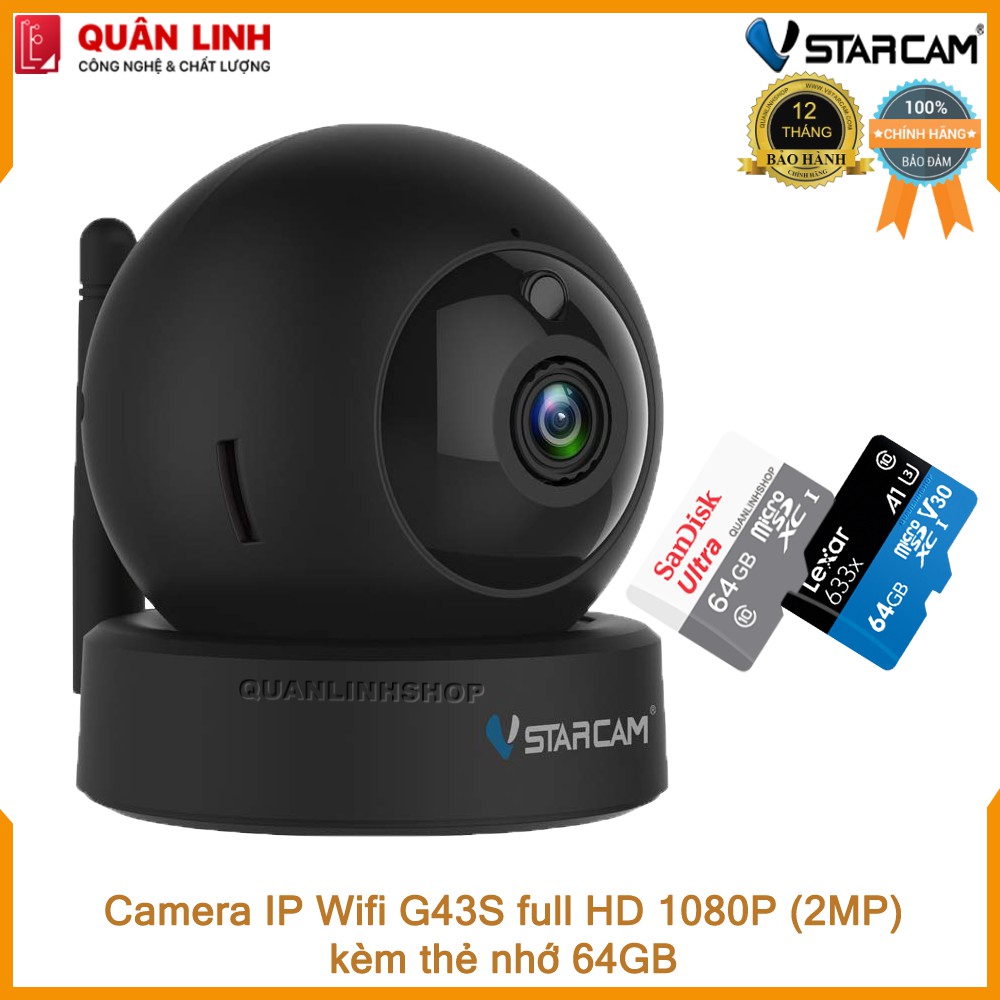 Camera giám sát IP Wifi hồng ngoại ban đêm Vstarcam C43S Full HD 1080P 2MP kèm thẻ 64GB
