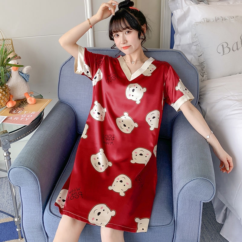 Bộ đồ ngủ ngắn tay bằng lụa mát thiết kế quyến rũ phong cách hàn quốc
