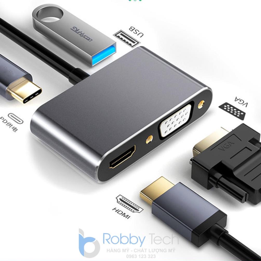 Hub Type C 4 trong 1 Cổng chuyển đổi HUB USB Type-C to HDMI/VGA/USB 3.0/PD Type-C hỗ trợ 4K