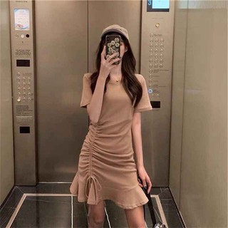 VÁY RÚT DÂY HÔNG ĐUÔI CÁ 4 MÀU ĐEN TRẮNG CAM NÂU HOT - Đầm body ulzzang dây rút -(Sắn)