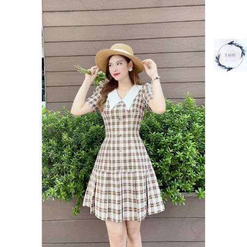 Váy đũi nữ cổ v kẻ caro cao cấp sang trọng đi chơi tiệc hẹn hò Tahe V139
