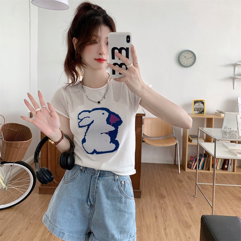 Áo thun ZHELIHANGFEI dệt kim ngắn tay thêu họa tiết xinh xắn thời trang