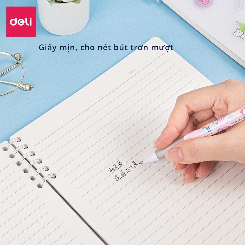 Sổ vở lò xo gáy xoắn kẻ ngang Deli khổ A5/B5 100 trang bìa nhựa ghi chép có kèm sticker trang trí đi kèm - 24507
