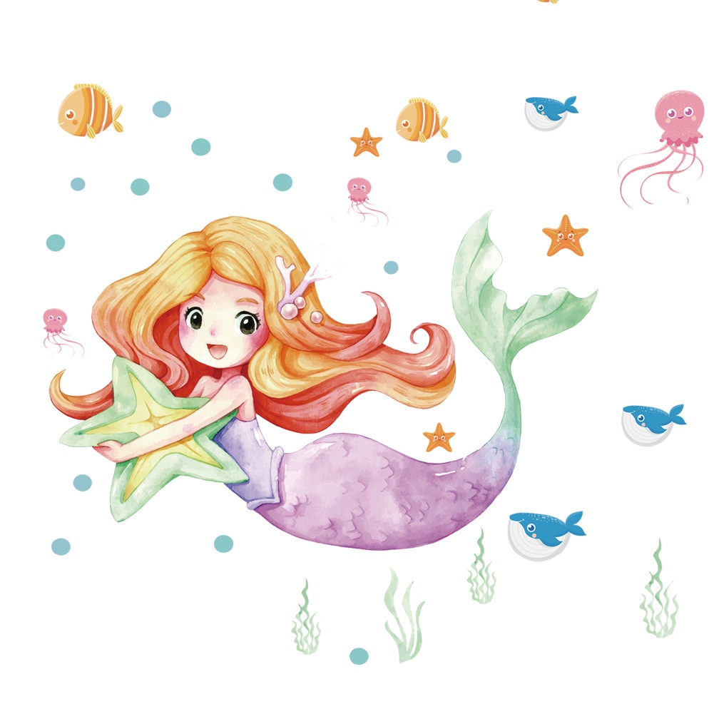 Sticker Dán Tường PVC Họa Tiết Hoạt Hình Nàng Tiên Cá Dùng Trang Trí Phòng Trẻ Em
