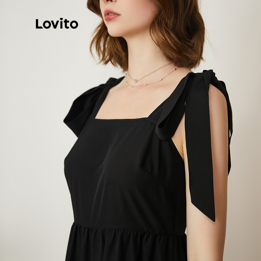 Lovito váy đầm xòe trơn đơn giản Thiếu dây đai có thể điều chỉnh L24AE020 (Đen)