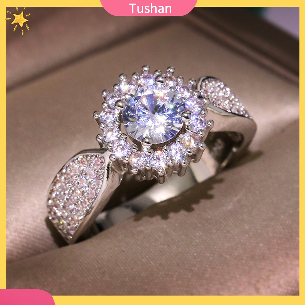 TUSH Luxury Women Round Cut Rhinestone Inlaid Finger Ring Proposal Party Jewelry Gift