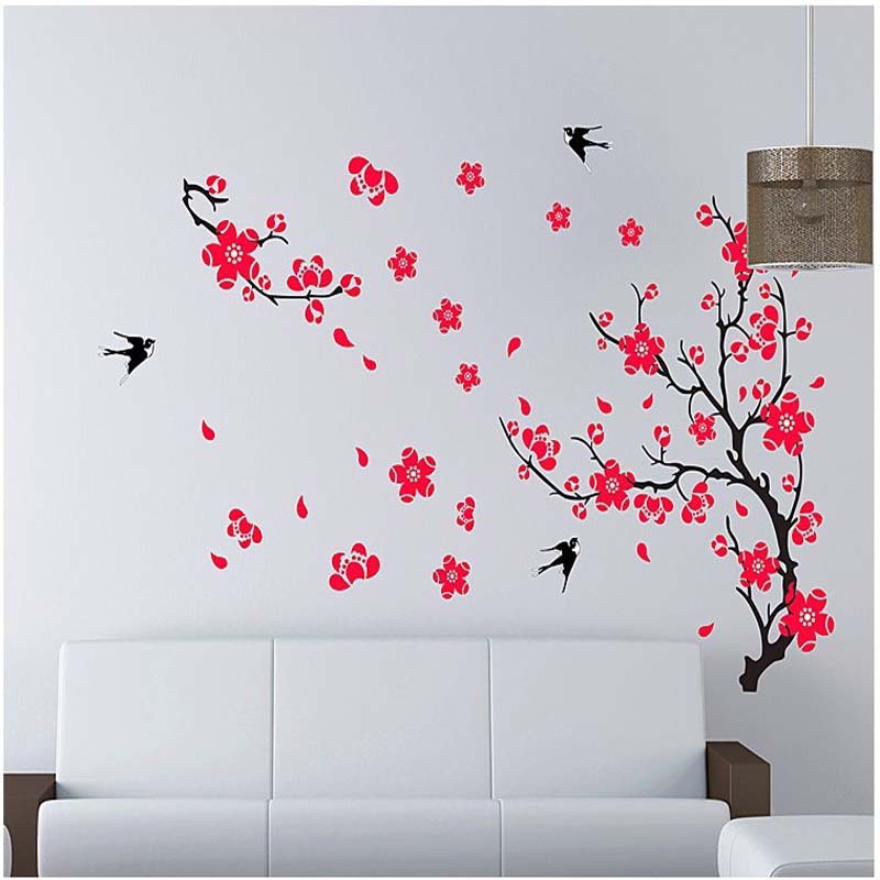 Decal trang trí, hình dán trang trí hoa đào hoa mai đỏ khổ 60*90 (mẫu 5)