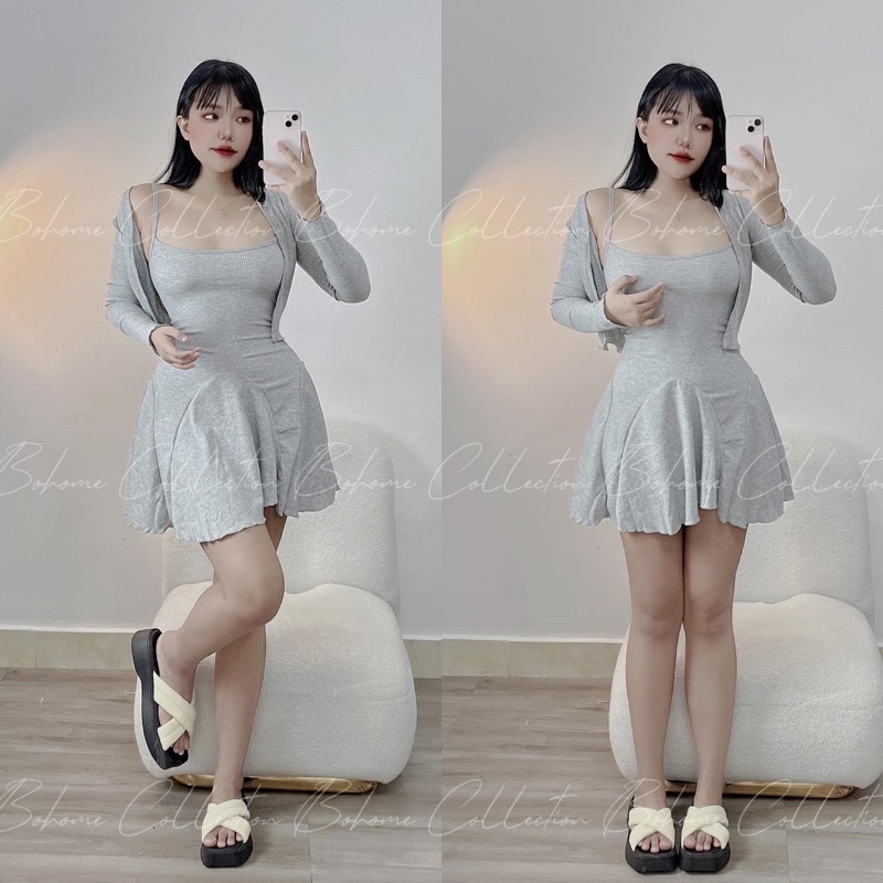 Sét đầm body dây kèm áo khoác