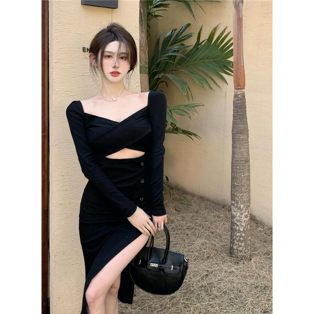 Đầm Đen Nhỏ Xẻ Tà Ôm Eo Thời Trang Cho Nữ