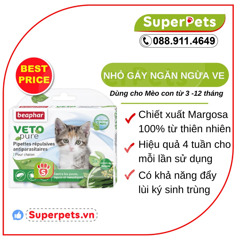 Nhỏ Gáy Ngăn Ngừa Ve Cho Mèo Con Mèo Lớn BEAPHAR VETOPURE FLEA&amp;TICK SPOT ON BIO GREEN SUPERPETS VIỆT NAM