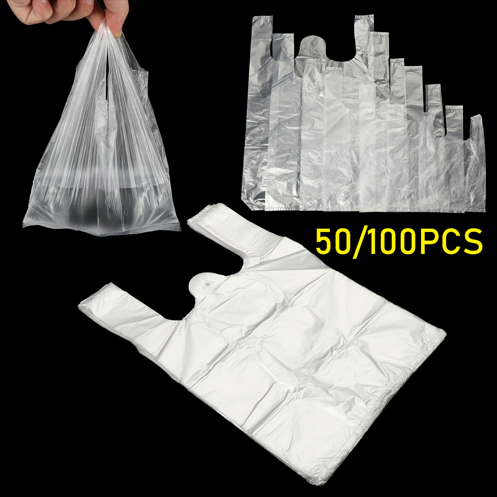 50/ 100 Túi mua sắm tùy chọn kích thước trong suốt có tay cầm tiện dụng