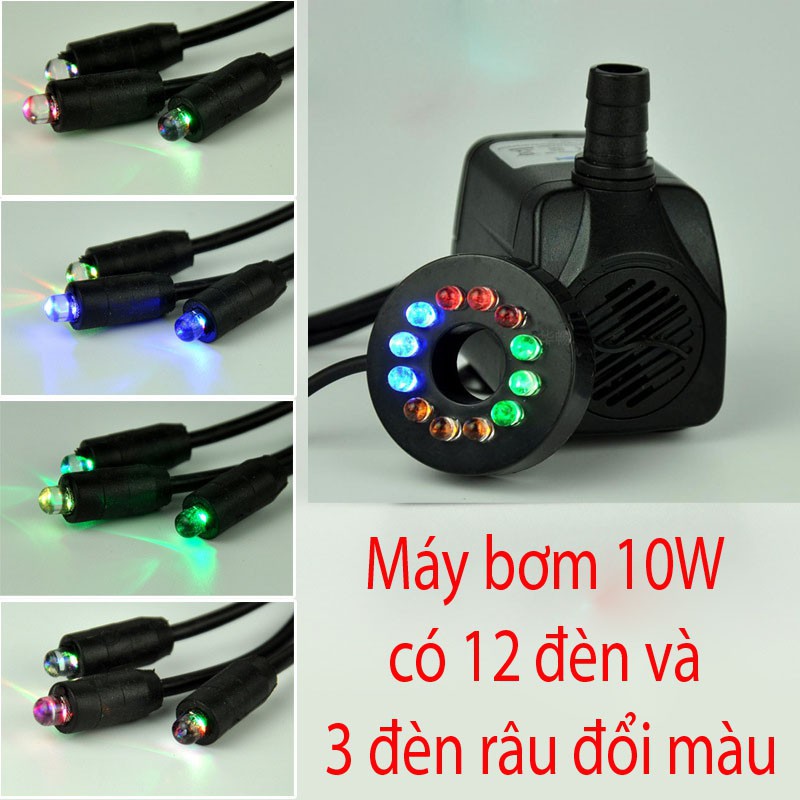 Máy bơm chìm 10W kèm 12 bóng led và 3 đèn râu nhiều màu cho bể cá cảnh, tiểu cảnh, thác nước mini