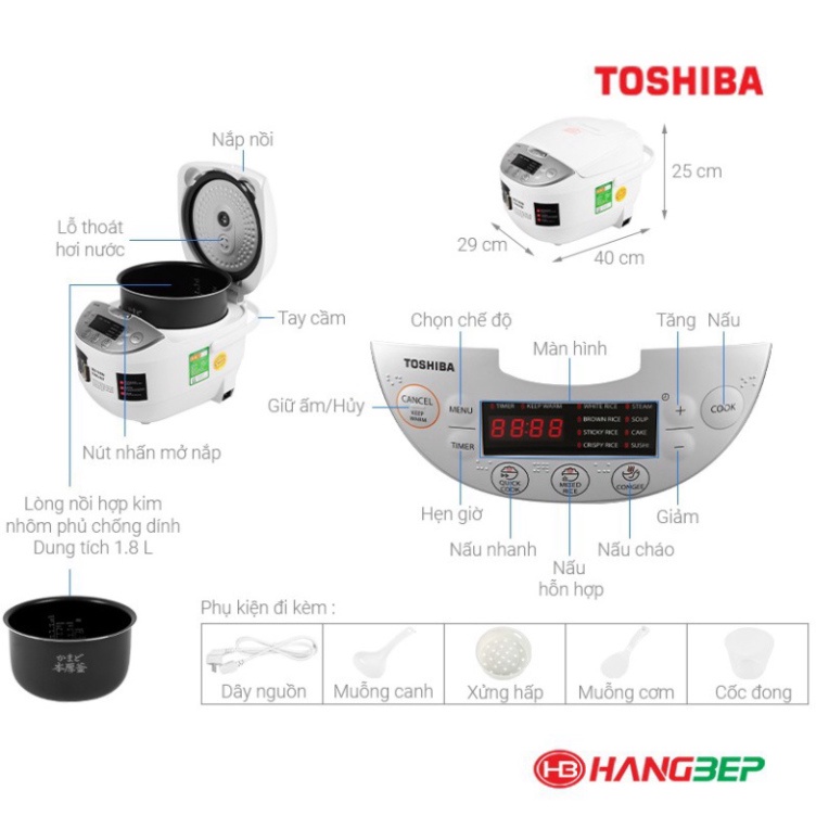 Nồi cơm điện tử Toshiba 1.8 lít RC-18DH2PV(W) / 1.0 lít RC-10DH2PV(W)- Hàng Chính Hãng BH 12 Tháng